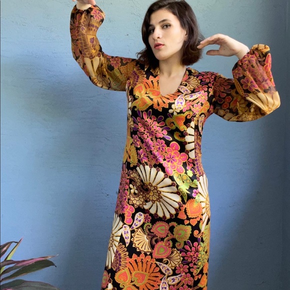 70s Retro Psychedelic Print Floral Maxi Dress - Picture 2 of 8